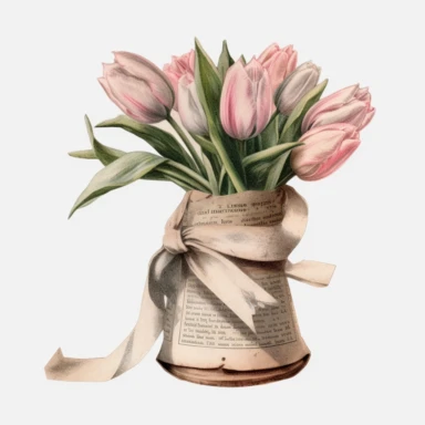 watercolor pink and white tulips stand upright in a cone made from a vintage french newspaper, the newspaper is tied with a pink ribbon clipart no background, 4K
