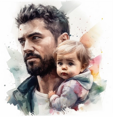 DESIGN A MAGNIFICENT AND EXQUISITE BREATHTAKING ONE-OF-A-KIND HIGH QUALITY HIGHLY DETAILED MASTERPIECE WATERCOLOR CLIPART ILLUSTRATION OF A man holding a child with watercolors, in the style of digital art techniques, movie poster, daniel jaems, sherry akrami, simplified and stylized portraits, city portraits, hugues merle, ULTRA REALISTIC, WHITE BACKGROUND, NO FONT, NO TEXT, NO WORDS, NO WATERMARK