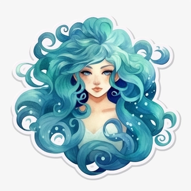 Aquarius zodiac sign as fantasy cute beautiful lady with water hair, tentacles, Horoscope, Astrology, water theme, surrounded by water, Watercolor Aquarius Zodiac Sign Clipart sticker design, 8k, detailed white background, uplighted