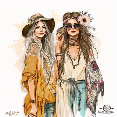 boho Best Friends Clipart, Girlfriends, full body, fashion, pretty face