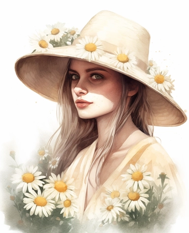 DESIGN A MAGNIFICENT AND EXQUISITE BREATHTAKING ONE-OF-A-KIND HIGH QUALITY HIGHLY DETAILED MASTERPIECE WATERCOLOR CLIPART ILLUSTRATION OF DAISY flowers in a hat, in the style of cartoon realism, beautiful women, cottagecore, realistic portrait drawings, light yellow and light brown, captivating realism, teal and white