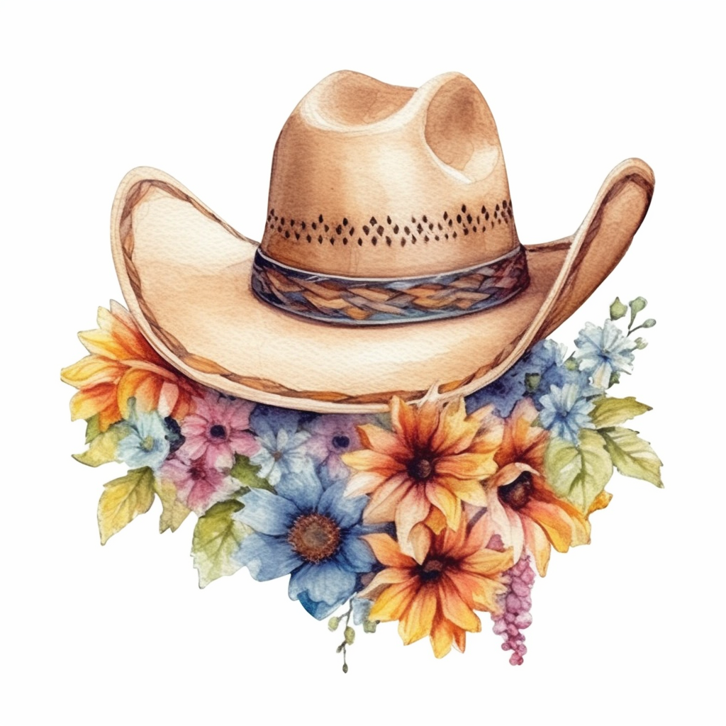 Cowgirl Hat and floral sublimation water color, clipart, 8k, white ...