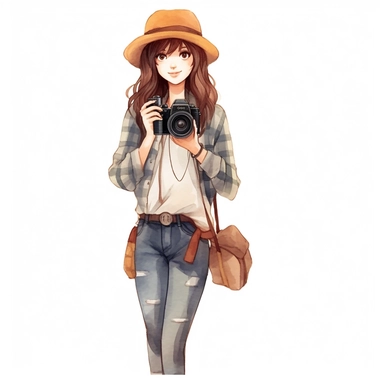 Cute adventurest female photographer with a camera, Cute and sunny outfit, Watercolor style, clipart solid white background