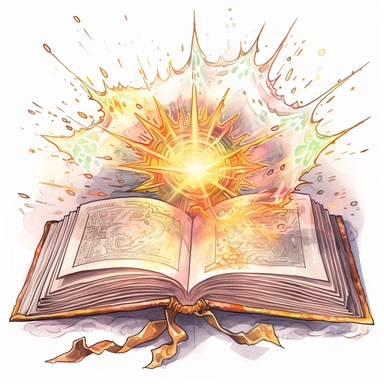 Solid white background, Detailed watercolor open ancient wizard magic book with love magic swelling from the book's pages clipart. The visable pages of the book have glowing etched runes on them visibly.