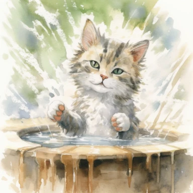 watercolor illustration, kitten smiling with an open mouth and with a towel over the head and enjoying a hot spring, surrounded by gentle steam rising from the onsen water, feeling the pleasant sensation. Small bubbles dance through its fur, creating a mysterious yet beautiful sight. The cat stretches out, gradually unwinding, as the warmth of the onsen melts away the tension in its muscles. It gracefully savors the serene atmosphere and the gentle touch of nature, embracing the tranquility of t