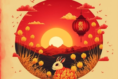 clipart, hand painted, watercolor, vectors, cosmic bright red background, sharp focus, highly detailed, Golden Rabbit with round eyes, Chinese New Year, Bright Red, Celebration, Colorful Confetti behind, Cute, Cheerful, Disney style, Chinese lantern, beautiful Chinese landscape with yellow barley field, ancient pagoda and Buddha statue in zhangjiajie cliffs behind
