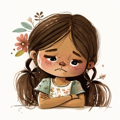 watercolor clipart, Bored girl because she has nothing to do, A 6-year-old girl with brown hair and brown eyes, illustration of children's book