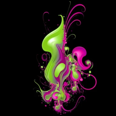 Surrealist airbrush-style clipart image composed of flowing, sparkly glitter organic shapes, each taking on one of the provided colors: pink, purple, lime green The shapes should interplay and merge in a dream-like manner, creating a sense of fluid movement and harmony within the image. The entire artwork is set against a crisp white background, providing stark contrast that accentuates the colors and shapes. The result should have the distinct softness and blended transitions of airbrush artwor