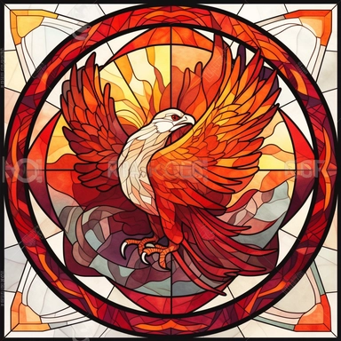 A hexagon-shaped stained glass window clipart, featuring a mystical phoenix rising from the ashes against a backdrop of flames in vibrant reds and oranges. Rendered in a hand-drawn, watercolor style with a white background for easy cutting.