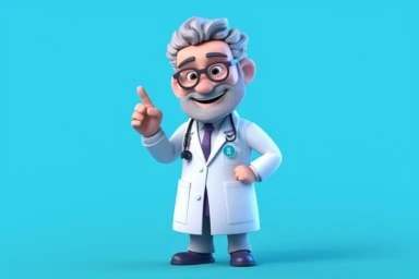 3d render, cartoon character doctor shows finger up. Cute man wears glasses. Medical clip art isolated on blue background