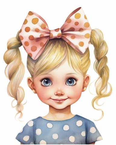 a happy cute little girl a five year old, bow on the head, blond hair, dress, gift, style by Lusy Fleming, folk art, watercolor, clipart elements, smooth gradients, black contour outline, ultra detailed, white background, super clear, high quality