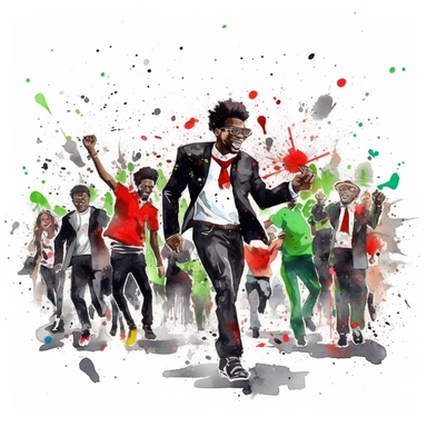 watercolor,hd, clipart,happy, in the style of jean basquiat,group, celebrating Juneteenth,full body, party, freedom,red,black and green, on white background