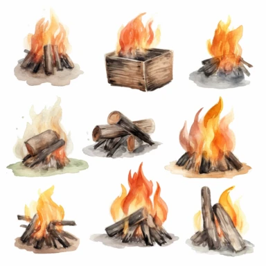 Watercolor collection clipart fire campfire neutral colors on white background