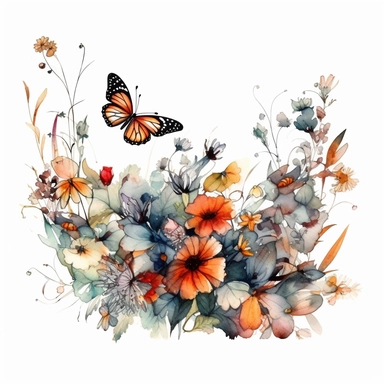 bright watercolor wild floral and butterflies clip art design for wedding invitations with a thick black outline and white background
