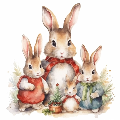 charming family of 4 bunnies, Christmas morning, festive decor and mood, ornamental watercolor, clipart