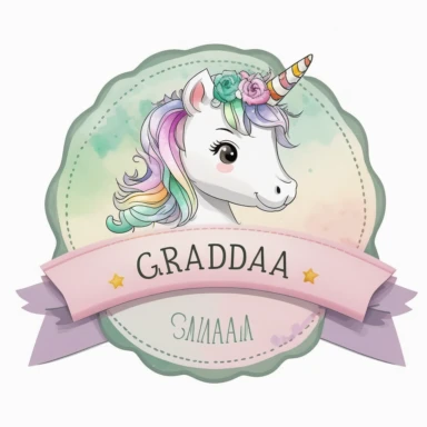 personalised name plate ribbon for text, a large unicorn chibi face, birthday invite, pastel clipart, Watercolour, pure white background