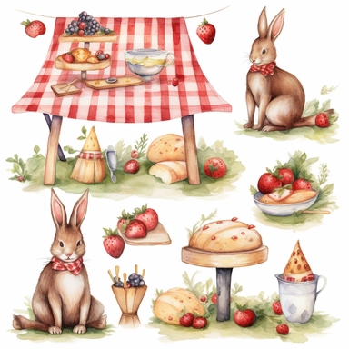 clipart set of woodland bunny sitting at a picnic table with red gingham table cloth, on the table there is fruit and cake, party triangle bunton, whimsical watercolor painting, separated with white margins between each item, isolated on white background