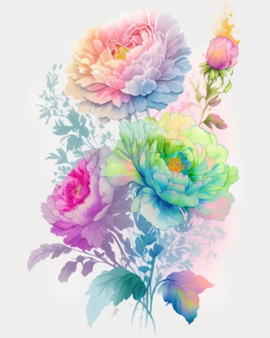 soft colorful neon pastel colored floral arrangement clipart, soft and subtle, colorful neon fairy pastel colors watercolor style, fawncore, plain white background, colorful neon pastel roses peonies gerberas tulips, excellent depth of shading in soft watercolor style, neon pastel colorful soft watercolor artwork, plain white background for transparent editing