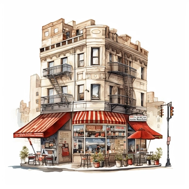 clipart de cafeteria de nueva york, acuarela, 16k, hiper minimalista, megapixel, full color, super detailed,insanely detailed and intricate, ultra detallado