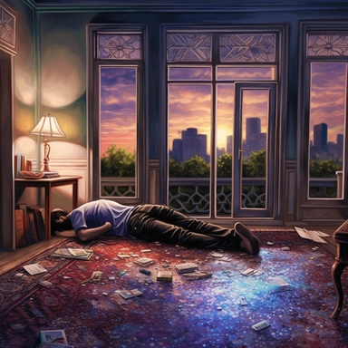 night time, a 25 year old man lying face down on the floor of a modern penthouse on a Persian rug, a shattered vase lays next to him, the windows go from the floor to the ceiling, the city lights sparkle in the night beyond the glass, watercolor realistic, watercolor edges, realistic, highly detailed, hdr, 32k, white vignette, isolated images, clipart, watercolor edges, on white background, painted on white background, realistic, highly detailed, hdr, 32k movie poster