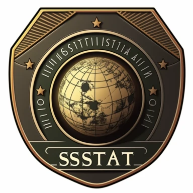 a round badge, facing front, with serrated edges, for OSINT investigators, with a nameplate and a stylized satellite:, clipart