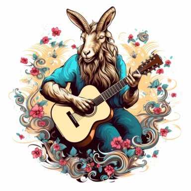 A goat playing a guitar with passion and intensity, surrounded by music notes clipart