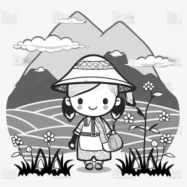 Landscape, simple, traditional costume, local food, animal, educational, history, and cultural diversity, clipart style, cute, picture book style, captivating, kid friendly cute character, black and white, coloring book, not color style, cartoon style, vector image, simple, line art style, character, white background, no noise, crisp thick lines, outline art
