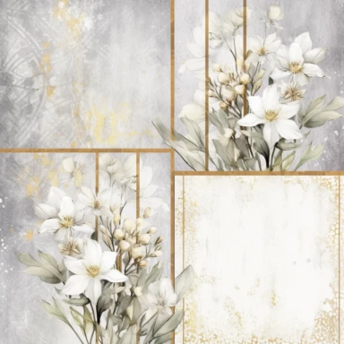 scrapbook paper template, intricate three small bouquets of white floral watercolor clipart on the borders on paper, luxurious textures, nature-inspired pieces, very high resolution