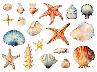 watercolor clipart of Seashell, Starfish, Seagull, Crab, Dolphin. In the style of transparency and opacity, vividly bold designs, realistic watercolor paintings, manapunk, handcrafted designs, colorful cartoon, soft colors , all items far from each other 300dpi