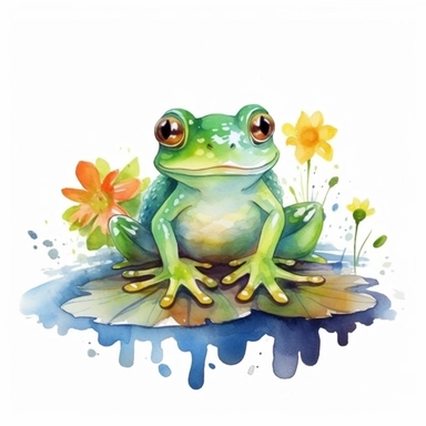 cute Frog sitting on lily pad flower, Watercolor Clipart, Nursery Decor ,Frog Watercolor, Cute Animal Flowers, Watercolor Clipart, Wall Decor, Splash Art