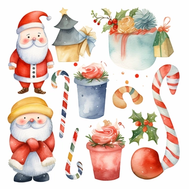watercolor clipart on a white background santa claus, christmas gifts, snowman, candy, gift, sock, mittens, bell, sled, hat, delicate colors, 10 elements