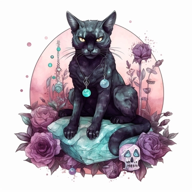 hand drawn black cat, sitting with front paw resting on a skull, flowers and crystals, shades of burgundy purple and teal, romantic and edgy, very detailed and realistic, watercolor, clipart style