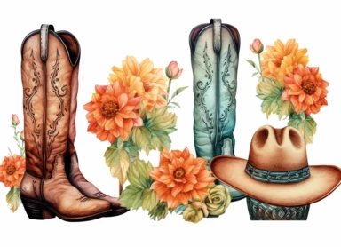 backdrop clip art print cactus, flower, cowboy boots, cowgirl boots cowboy boots vector clipart, in the style of romanticized realism, pastel academia, dye-transfer, jessie arms botke, rubén maya
