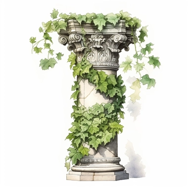 watercolour, ivy plant zeus column statue, detailed, clipart, white background