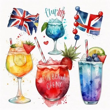 5 colourful vibrant summer british cocktail drinks, red an blue birthday balloons, an extra large gold king crown, waving union jack flags, symbolic icons, buntings, detailed pencil watercolor illustration clipart pure white background #FFFFF