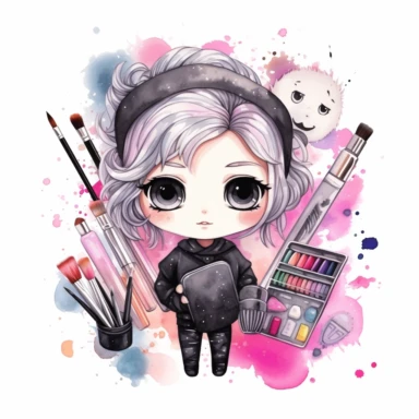 Watercolor funny create kawaii marbled black, silver, pink chibi with school supplies clipart, isolated