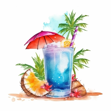 logo summer Fresh cold cocktail on tropical beach with palms and bright sand. Summer sea vacation and travel iclend clipart watercolor white background