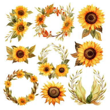 A stunning and vibrant collection of watercolor clipart featuring sunflower wreaths. Each sunflower, hand-painted in radiant yellows and deep browns, is meticulously detailed, showing off its iconic petals and seeds. The wreaths are arranged in varying designs, some symmetrical, others with a more free-flowing form, showcasing the diversity and beauty of these summer blooms. The artist skillfully uses the watercolor medium to bring out the texture and depth of the sunflowers, creating a truly en