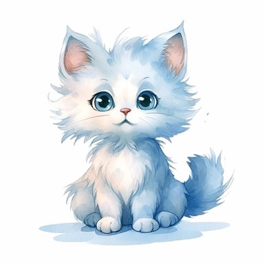 a whimsical cute fluffy baby cat cartoon clipart on white background with margins, watercolor, icon, sticker art