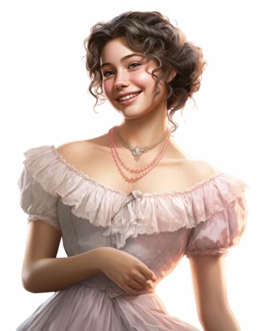 detailed smiling beautiful lady , dressed in a pink victorian vintage dress with necklace, hyper realistic, 8k, isolated on white backgorund, clipart