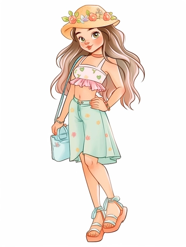 cute summer girl full body drawing, illustration clipart, detailed, black outline, white background, digital art, watercolor,,
