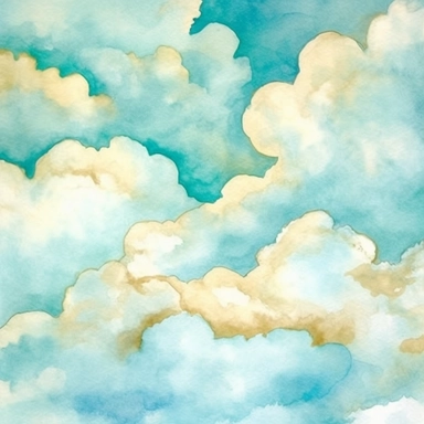 aqua clipart, Watercolor paper, pale colors, gold striated, summer clouds, romantic, white background , pre-raphaelite, abstract