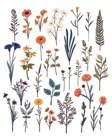 Wildflowers, Flower Meadow , Flower Border, Minimalist Flower Bouquet, Wildflower Clipart hand drawn sketch with colors of wildflower meadow drawings boho minimalist style
