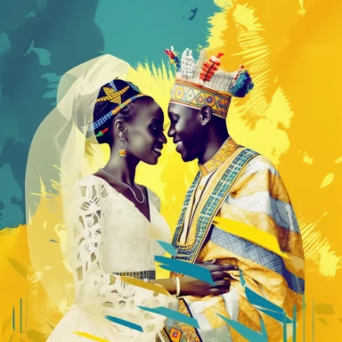 Create a cultural clipart of a wedding couple very close in love that represents [rwandan women in wedding dress] and [rwandan man in suit cultural ]. Use traditional clothing and accessories that are meaningful to each culture, and incorporate [bleu , yellow] and [green] to add visual interest and cultural significance to the design by Gil Elvgren , amazing photoshop background effect