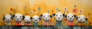 a row of cute miniature lambs, a collage of mixed media art made with tissue paper, magazine and newspaper clippings, oil paint, graphite pencil lines and fabric, in the style of playful surrealism, whimsical, washi tape