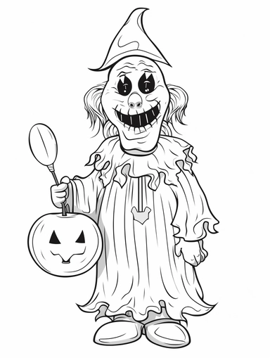 clown ghost halloween coloring book for kids, cartoon character, clipart, black and white, white background,
