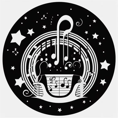 clipart representing 70s music, with a jukebox and hearts in the centre. Beautiful, flat, classic style, black and white, round image border