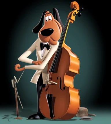 a cartoon dog playing a musical instrument, a cartoon, by Tex Avery, tumblr, pop art, !!!anthropomorphic!!!, double bass, ???☺???, gangster, clipart, matthew stewart, great pinterest photo, tv show, photo shoot, hanna barbera style, hot hot hot, performance, strings