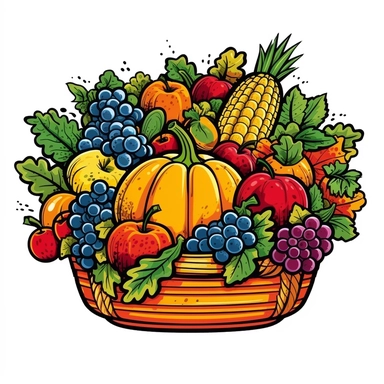 a colorful and bountiful clipart illustration featuring a cornucopia overflowing with autumn fruits vegetables Sticker design, vector, vivid colors, detailed, high quality 8k. Extremely detailed, high-quality, die-cut, clean shading and simple, flat colors, clean and clear linework, thin linework, clear outline, White background
