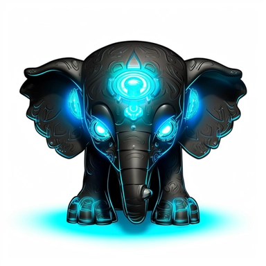 a cute and whimsical glowing elephant with blue lights on his eyes, in the style of bold black outlines, cartoonish character design, master of shadows, burned/charred, himalayan art, dark black and light azure, bronzepunk, glowing neon, clipart, on white blackground